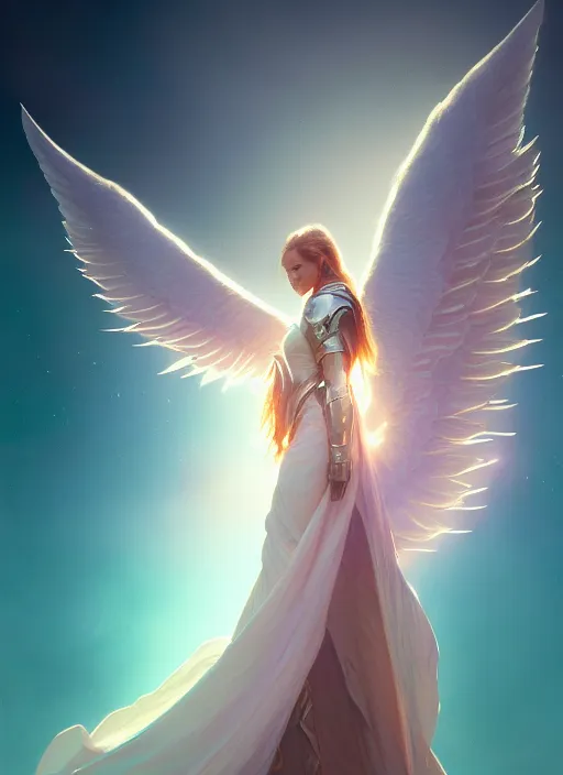 Image similar to angel with big wings, low key light, full plate armor with cloth, f 1 6, bokeh, extreme close up portrait, gentle, female, mountain, storm, god rays, landscape, d & d, fantasy, elegant, teal pink white gold color palette, concept art, moebius, greg rutkowski, alphonse mucha