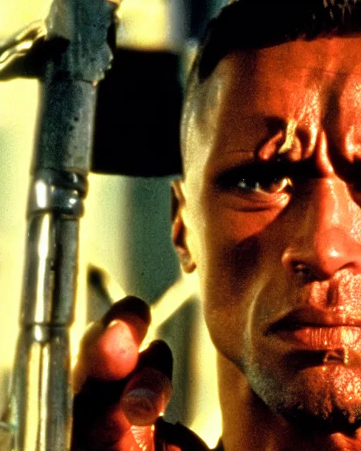 Prompt: Film still close-up shot of Dwayne Johnson as the Terminator from the movie Terminator 2. Photographic, photography