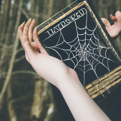 Prompt: Photo of a witch\'s wrinkled hand with long fingernails holding an ancient grimoire with a scary logo covered in spiderweb in a cursed forest