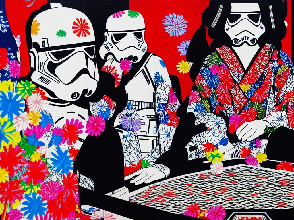 Image similar to hyperrealism composition of the detailed single woman in a japanese kimono sitting at an extremely detailed poker table with stormtrooper, fireworks, river on the background, pop - art style, jacky tsai style, andy warhol style, acrylic on canvas