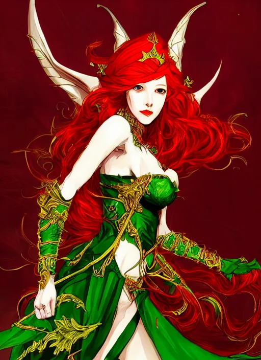 Image similar to Full body portrait of a beautiful red haired elven queen with haughty look, ominous aura wearing, red, green and gold ornate queen dress. In style of Yoji Shinkawa and Hyung-tae Kim, trending on ArtStation, dark fantasy, great composition, concept art, highly detailed.