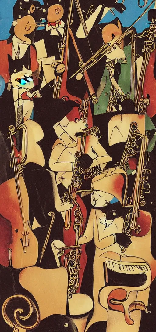 Image similar to portrait of a cat's band playing jazz, retro avanguard poster, by Reginald Montague Lander, By Tom Purvis, By Joseph Binder