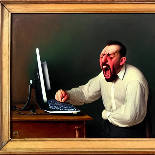 Image similar to an angry man yells at his computer monitor, oil on canvas, 1 9 0 1