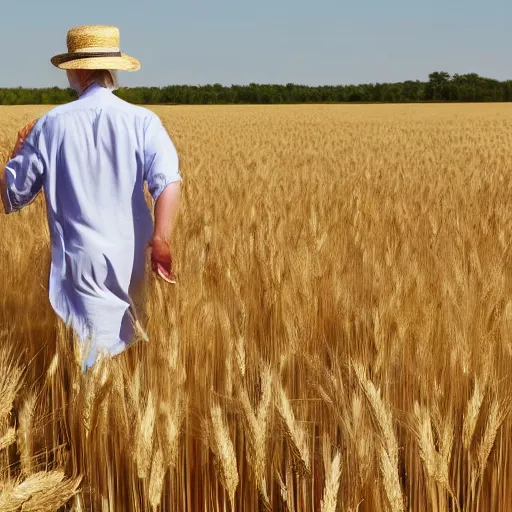 Prompt: a magazine photo of Donald Trump wearing a sundress and straw hat, walking through a field of wheat, his hand grazing on the wheat as he walks by, glancing over his shoulder, shot from behind, three quarter portrait