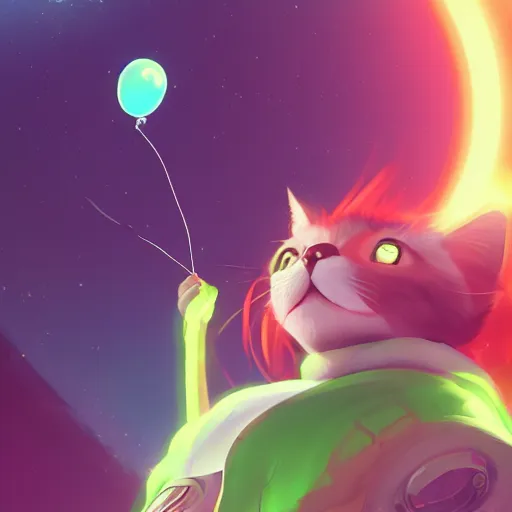 Image similar to cat with a neon balloon in space | hyperrealistic digital painting by makoto shinkai, ilya kuvshinov, lois van baarle, rossdraws | afrofuturism in the style of hearthstone and overwatch, trending on artstation