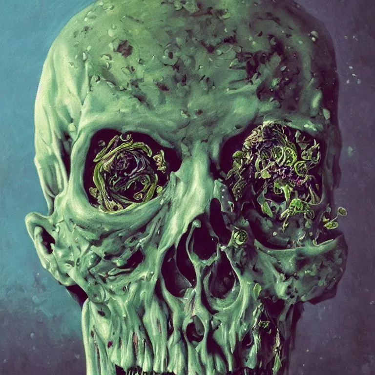 Image similar to A beautiful oil painting hyperrealism of a decayed zombie head, green bulging eyes, rotten green skin, grey beard, blue veins, skull bones flowers, 8k resolution, octane render, Trending on artstation, by Gediminas Pranckevicius, volumetric light 2blue fractal Thunder glow by dan mumford, anaglyph effect, Laurie Lipton