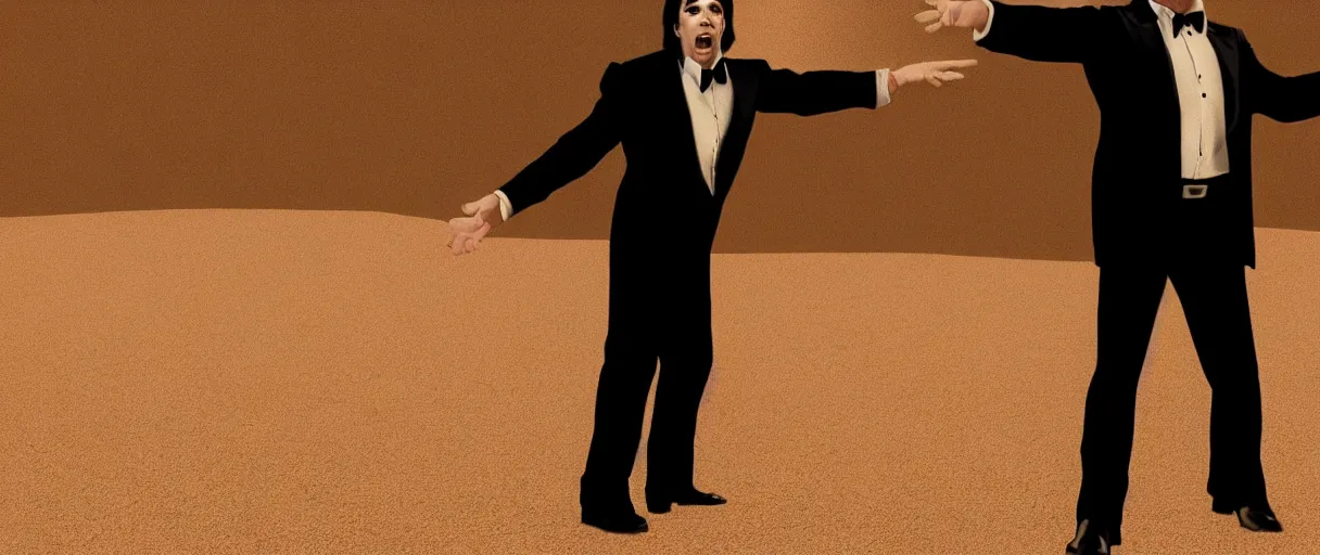 Prompt: john travolta as vincent vega suprised gesture nobody there ghost town tumbleweed bushes on ground shrugging hand at waist level. standing in black suit high noon golden ratio, 4 k, detailed, art by jamie hewlett and greg rutkowsky, trending on artstation, cinematic lighting, filmic grain, golden hour, detailed, 4 k