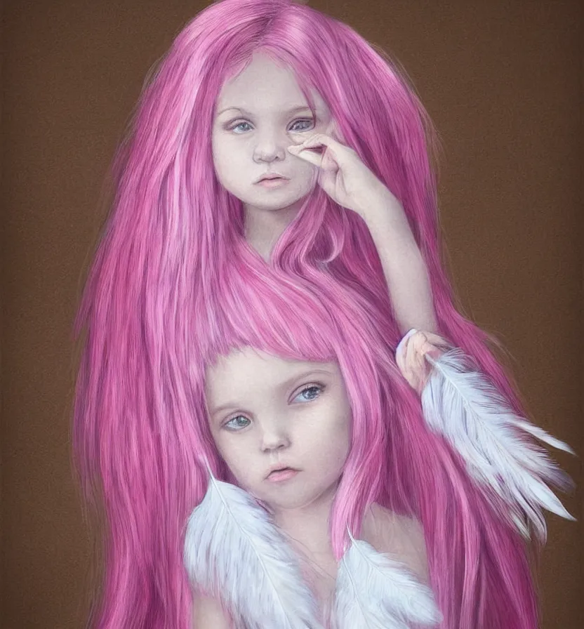 Image similar to little girl with eccentric pink hair wearing a dress made of white feather, anatomically perfect, art by dcwj,