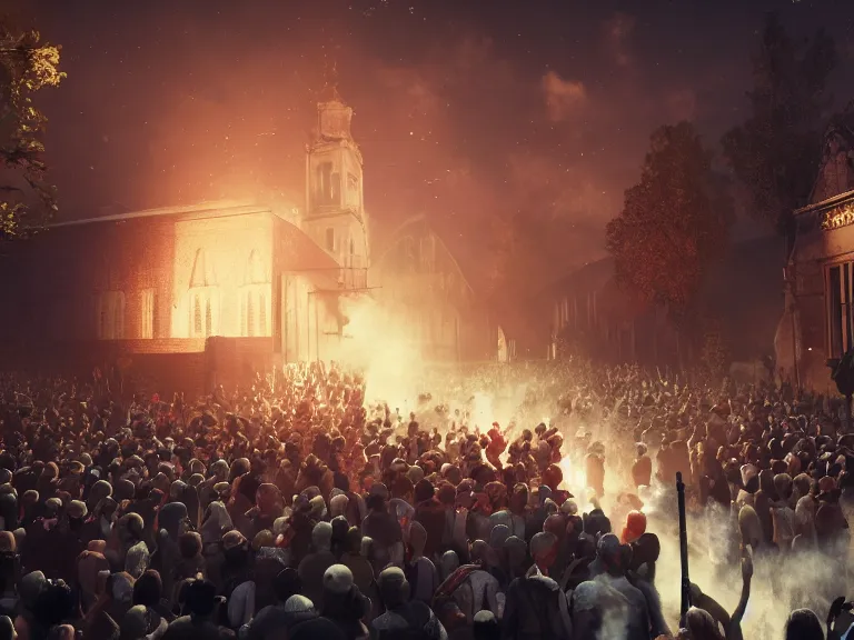 Prompt: riot at the catholic church, molotov cocktails, 8 k, ultra realistic, lens flare, atmosphere, glow, detailed, intricate, full of colour, cinematic lighting, trending on artstation, 4 k, hyperrealistic, focused, extreme details, unreal engine 5, cinematic, masterpiece