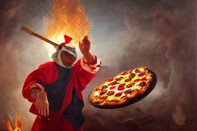 Image similar to a highly detailed oil painting of pulcinella!!! from naples with a pizza!! and lots of fire, a volcano and dark smoke, an ultrafine detailed painting by achille superbi, dramatic lighting, trending on deviantart, sharp focus, octane, masterpiece