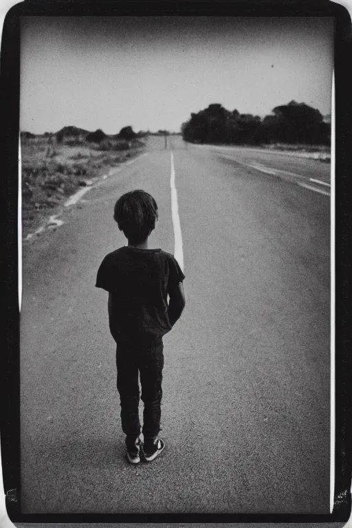 Image similar to photo polaroid of a sad and lonely child stands in the middle of a road, by the roadside many tents of field hospitals, pandemic, covid,loneliness, black and white ,photorealistic, 35mm film,