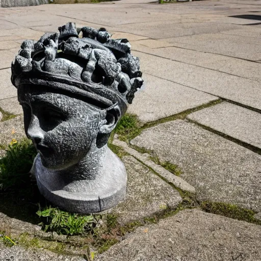 Prompt: statue of libertys head with crown is lying sideways on the ground abandoned