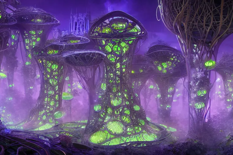 Image similar to futuristic foliage overgrowing detailed favela bioluminescence fungus hive, art nouveau environment, cathedral, award winning art, epic dreamlike fantasy landscape, ultra realistic,