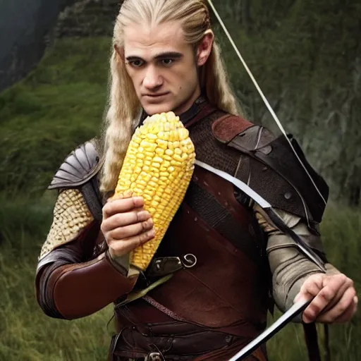 Image similar to Legolas cradling a giant piece of corn, photorealistic, somber,