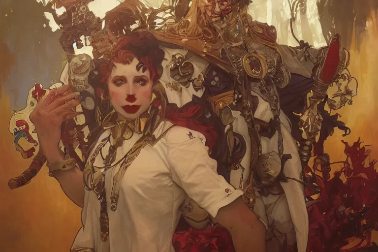 Image similar to full portrait of warhammer 4 0 clown, fantasy, detailed, by alphonse mucha, adolfo hohenstein, alice russell glenny, stanley artgerm lau, greg rutkowski, detailed, trending on artstation, trending on artstation, smooth