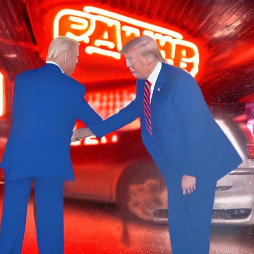 Image similar to donald trump and joe biden fighting inside of a car wash with neon lighting, 4k realistic photo