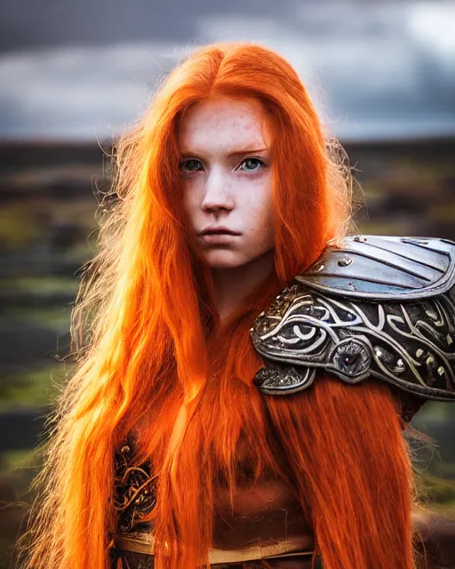 Prompt: north adult female warrior, red hair, ginger hair, long hair, fantasy, female Viking, high detailed, photography, cloudy, lightweight leather armour, Scandinavia, plain, detailed face, beautiful face, beautiful girl, look into the distance, professional model, glowing skin, serious face, full body,in full growth, professional photographer, masterpiece, 50 mm, 8k, 3D