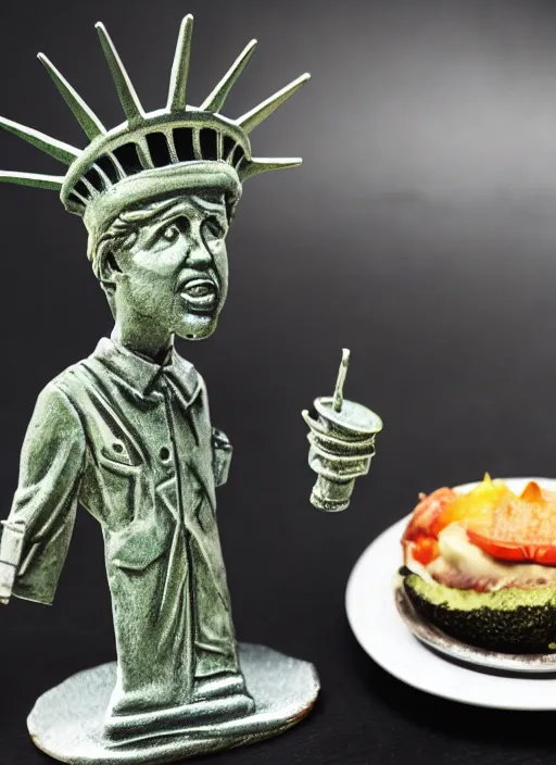 Image similar to Tom Waits eating a miniature Statue of Liberty on a plate in a restaurant, color photograph portrait 4k