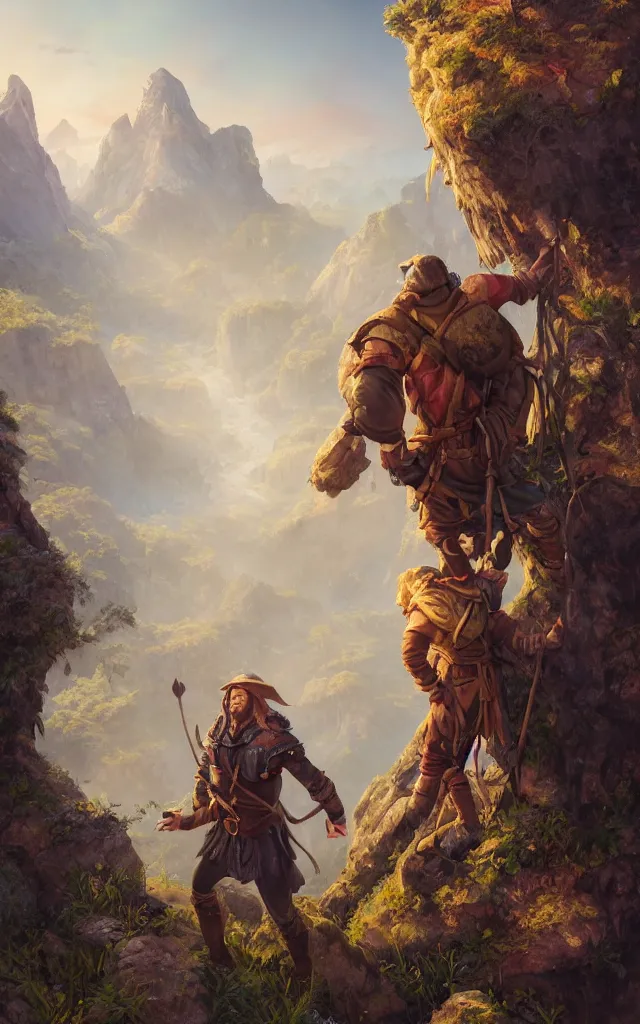 Prompt: an oil art painting of young handsome fool adventurer with adventurer hiking backpack, grim gwent card, gipsy mage adventurer character design from inquisition, climbing up a cliffside, 4 k, ultra detail, volumetric lighting, unreal engine, octane render, by tom bagshaw, artgerm