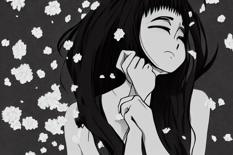 Prompt: “Extremely distraught black and white anime girl dramatically ugly crying with flowers petals being blown around her by a violent wind, black and white”