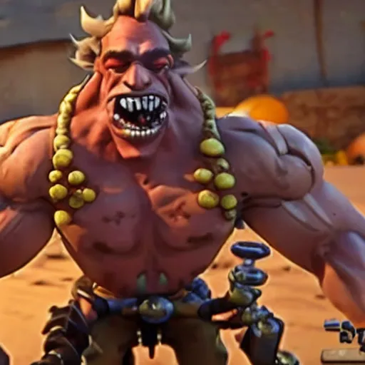 Image similar to a screenshot of junkrat arnold schwarzenegger as junkrat in overwatch