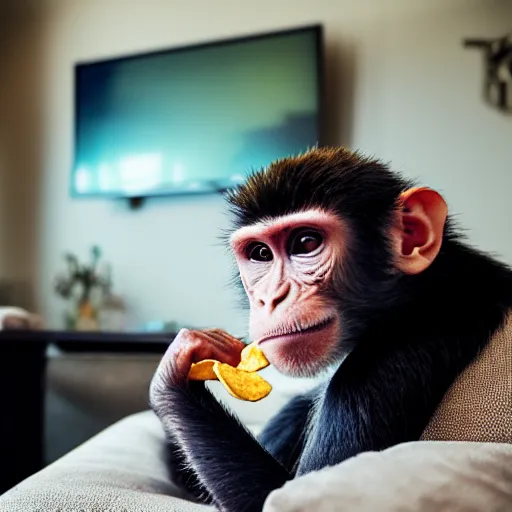 Prompt: a monkey sitting on a sofa, eating chips and watching TV, side view, wide angle lens, professional photo