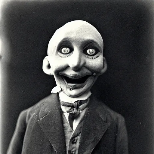 Image similar to ventriloquist figure, photograph, style of atget, old, creepy, smiling