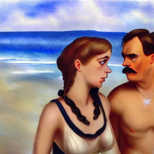 Image similar to Friedrich Nietzsche flirting with a girl at the beach, photorealistic, detailed and realistic faces, 8k,