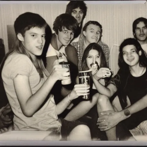 Prompt: a polaroid photo of teenagers drinking beer and having a party in the 1970s