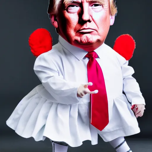 Image similar to cute donald trump wearing a maid outfit, realistic, photography, 8 k, award winning, kawaii