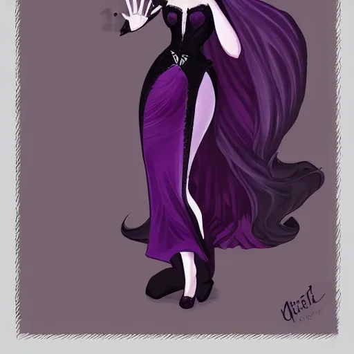 Prompt: character concept art of beautiful delicate pale goth woman with black hair, wearing long black and purple dress, highly detailed, illustration