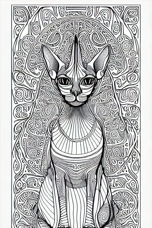 Image similar to sphynx cat egypt cat statue ornate luxury fractal ink drawing line art colouring page, vector, margins, fine lines, centered