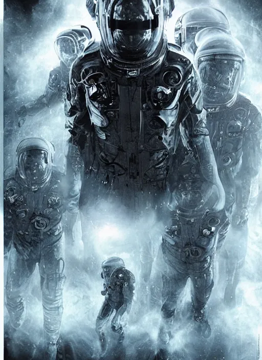 Image similar to astronauts in dark void underwater - complex and hyperdetailed technical suit. reflection and dispersion materials. rays and dispersion of light. volumetric light. f / 3 2. noise film photo. flash photography. ultra realistic, wide angle. poster by wayne barlowe, hajime sorayama aaron horkey, craig mullins