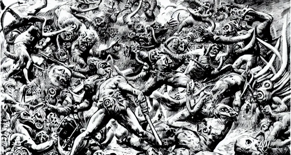 Prompt: the temptation of saint anthony swarmed by grotesque winged demons, fantasy, highly detailed cartoon art art by jack kirby