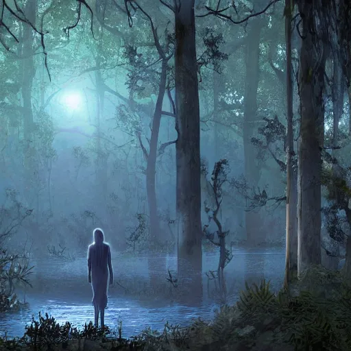 Image similar to a dirty lost person is following a small floating blue slightly glowing ball of light through the swampy forest, extremely detailed multiple unique different art styles.