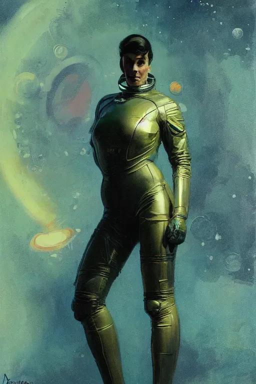 Image similar to pulp scifi fantasy illustration full body portrait of elegant strong woman wearing latex spacesuit, by norman rockwell, jack kirby, bergey, craig mullins, ruan jia, jeremy mann, tom lovell, 5 0 s, astounding stories, fantasy
