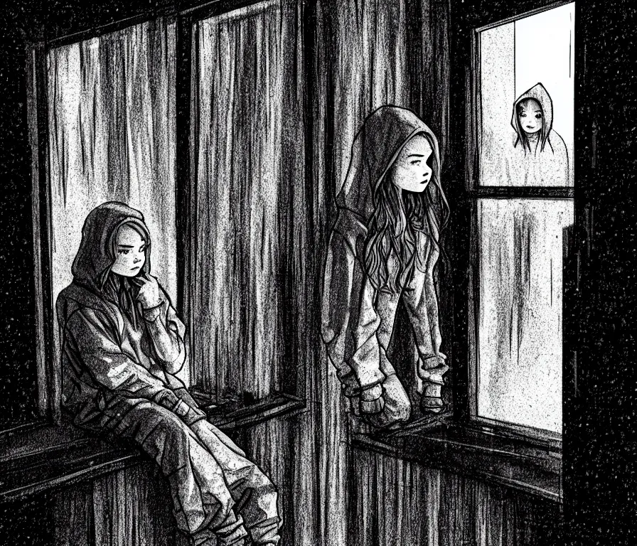 Prompt: sadie sink in hoodie sits on windowsill, knees tucked in | rain falls at night : storyboard, scifi cyberpunk. by chris bonura. cinematic atmosphere, detailed and intricate, perfect anatomy