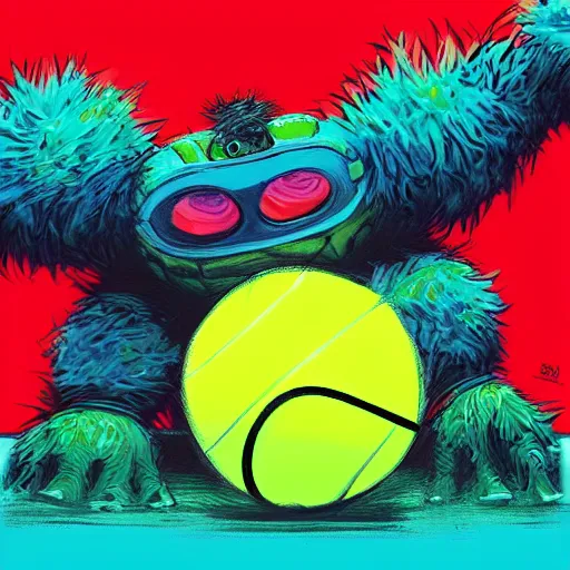 Prompt: a tennis ball monster ,tennis ball, colorful, back to the future, digital art, fantasy, magic, trending on artstation, ultra detailed, professional illustration by Basil Gogos