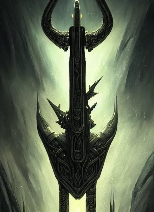 Image similar to masterpiece, viking thor's hammer concept art, stylized, doom, elegant, majestic, epic, art by h. r. giger, greg rutkowski, josan gonzalez, alexey egorov, biomechanical, alchemy, monogram