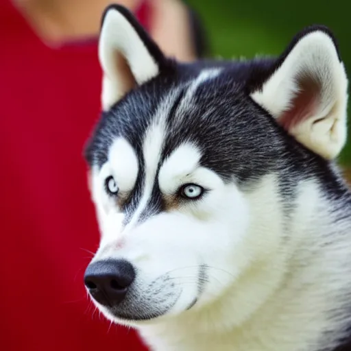 Image similar to a husky wearing a red shirt and looking at a phone screen
