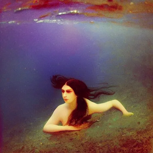 Prompt: woman underwater photography with a long flowing dress, flowing hair, burnt skin, and different colored multi-colored eyes by Ivan Aivazovsky and Odilon Redon, award winning, epic, cosmic, dreamy, underwater