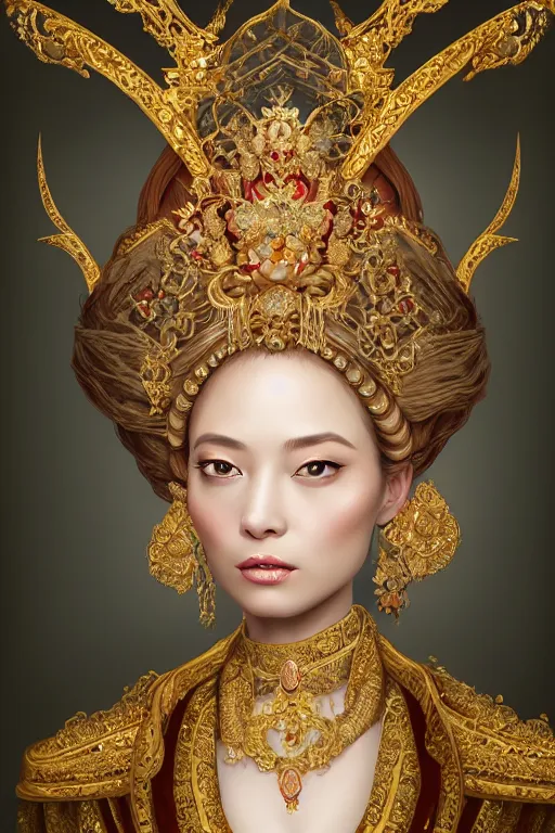 Image similar to a beautiful empress portrait, with a brilliant, impossible striking shiny big gold headpiece, gold clothes, rococo, baroque, jewels, asian, realistic, closeup, D&D, fantasy, intricate, elegant, highly detailed, digital painting, artstation, octane render, studio lighting, 8k, concept art, matte, sharp focus, illustration, art by Artgerm and Greg Rutkowski and Alphonse Mucha