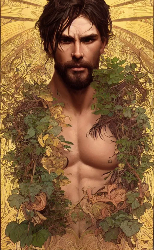 Prompt: god of the forest, 30 years old, rugged, male, gorgeous gorgeous gorgeous, detailed face face face face, amazing, thighs thighs thighs thighs, muscular, intricate, highly detailed, digital painting, artstation, concept art, sharp focus, illustration, by alphonse mucha