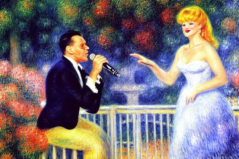 Image similar to frank sinatra and peggy lee singing at the hollywood bowl, by renoir and margaret keene and monet,