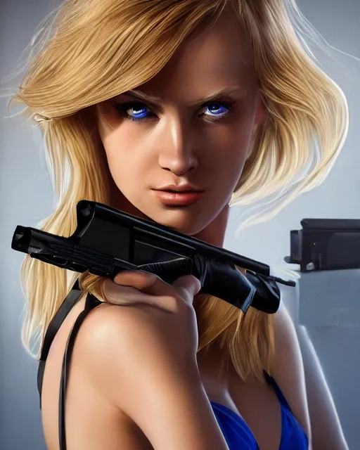 Image similar to side closeup of beautiful blonde female with blue eyes aiming l 9 6 a 1 rifle at target, award winning photography, extremely detailed, artstation, 8 k, sensual lighting, incredible art, wlop, pixar, disney, artgerm, backlit, rim lighting, hi - fructose, cellshading, intricate lineart