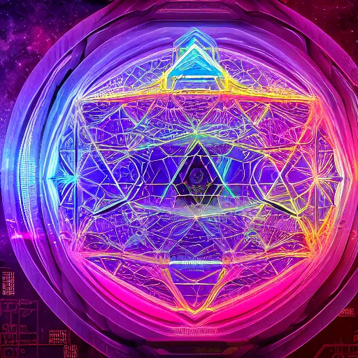 Image similar to matte painting of the sacred geometry of cyberpunk, brilliant colors, extremely detailed, very very detailed, in the style of alena aenami by Alex grey, HD, 4k, 8k