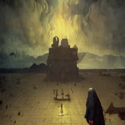 Image similar to isles of death illustrated by johannes vermeer, greg rutkowski, gaston bussiere, van gogh, davinci, and zdzisław beksinski, award - winning, cgsociety contest winner