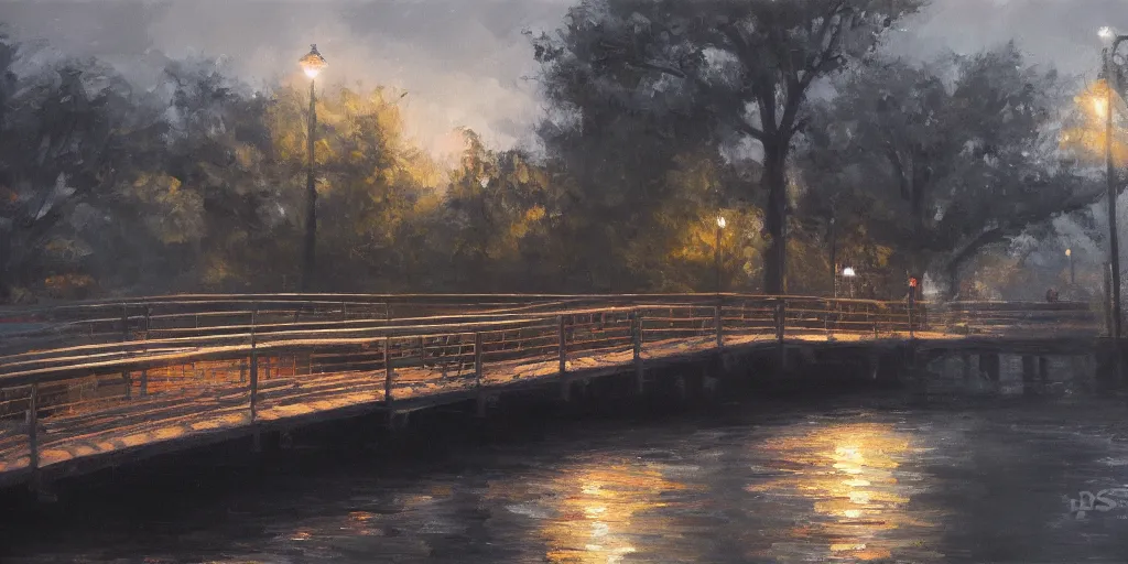 Image similar to a footbridge, cinematic lighting, detailed oil painting, hyperrealistic, 8k