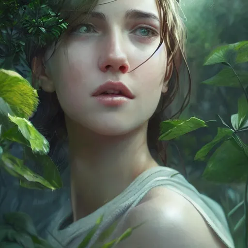 Image similar to a beautiful girl is taking care of the garden in a beautiful and varied vegetation dream garden with quality pruning shears, artstation greg rutkowski, cinematic, hyperrealist, beautiful face and features, the most beautiful girl digital art, light essential calm quality wlop projection render