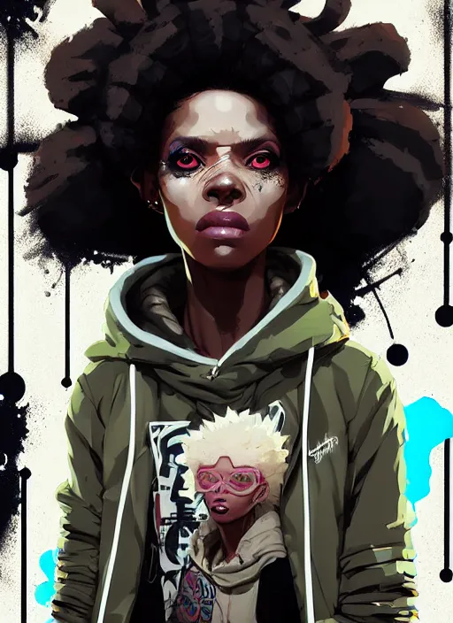 Image similar to highly detailed portrait of a sewer punk african american lady, tartan hoody, white afro hair by atey ghailan, by greg rutkowski, by greg tocchini, by james gilleard, by joe fenton, by kaethe butcher, gradient cyan, brown, blonde cream and white color scheme, grunge aesthetic!!! ( ( graffiti tag wall background ) )